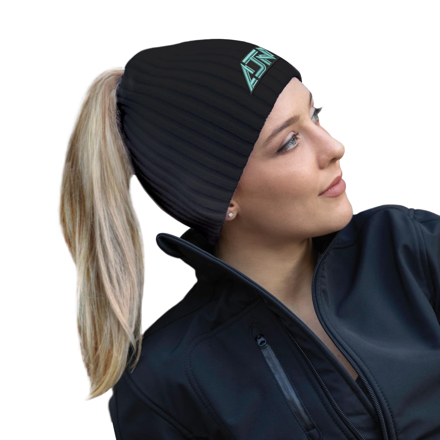 Acrylique, Tuque avec ouverture élastique pour queue de cheval (Femme), Tricot côtelé