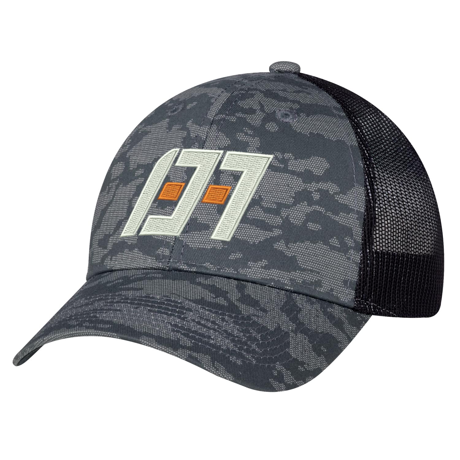 Coton drill / Maille polyester douce, casquette 6 panneaux ajustée (Camouflage urbain, dos en maille)
