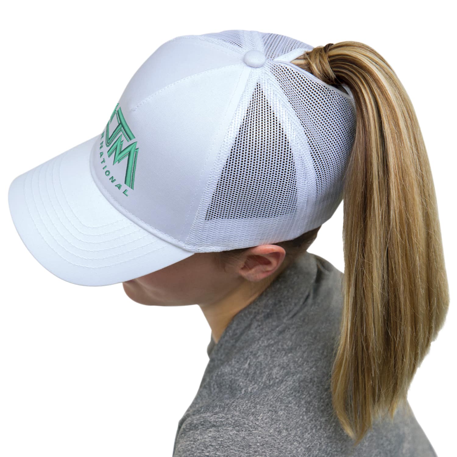 Maille polycoton / polyester, casquette 5 panneaux ajustée (dos en maille, femme)