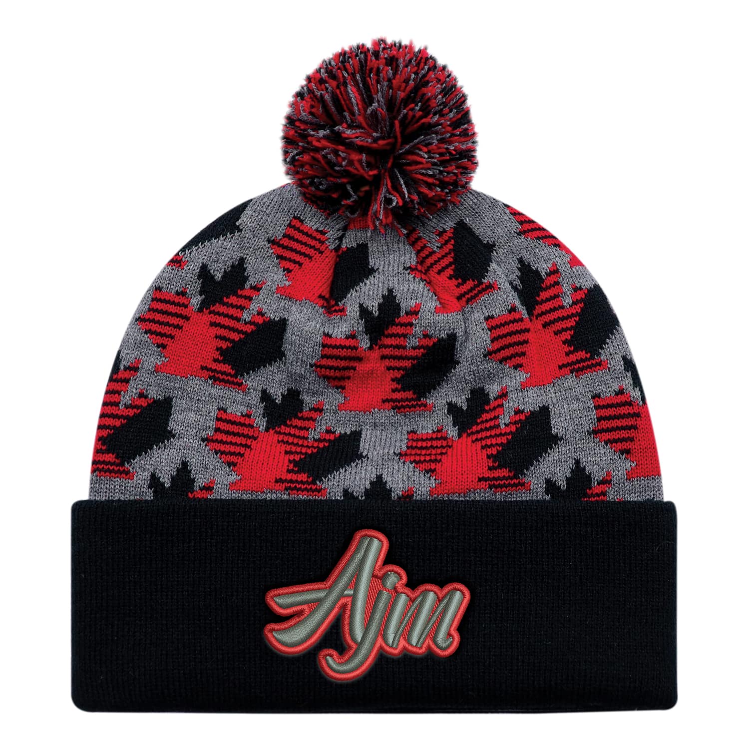 Tuque a revers en acrylique (Feuille d'érable, Pompon 8cm)